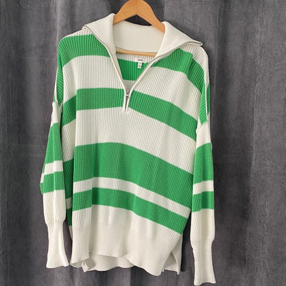 Aerie Oversized Green and White Cotton Knit Sweater